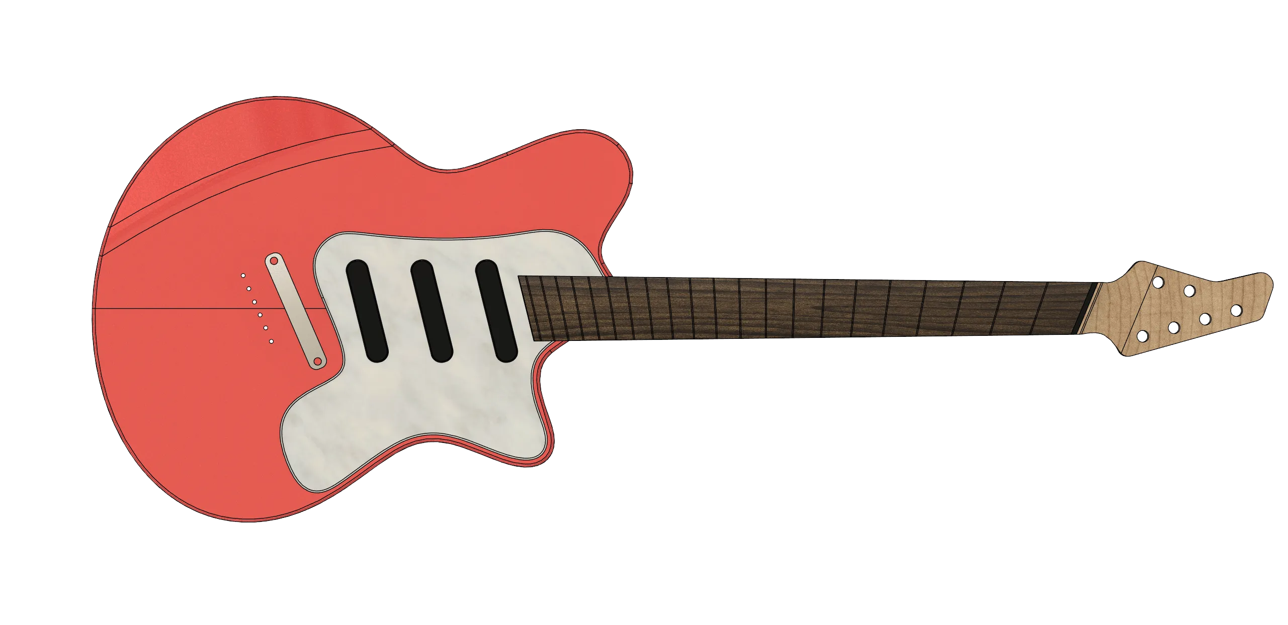 3D model of a modern-retro offset, multiscale guitar, with SSS pickup configuration