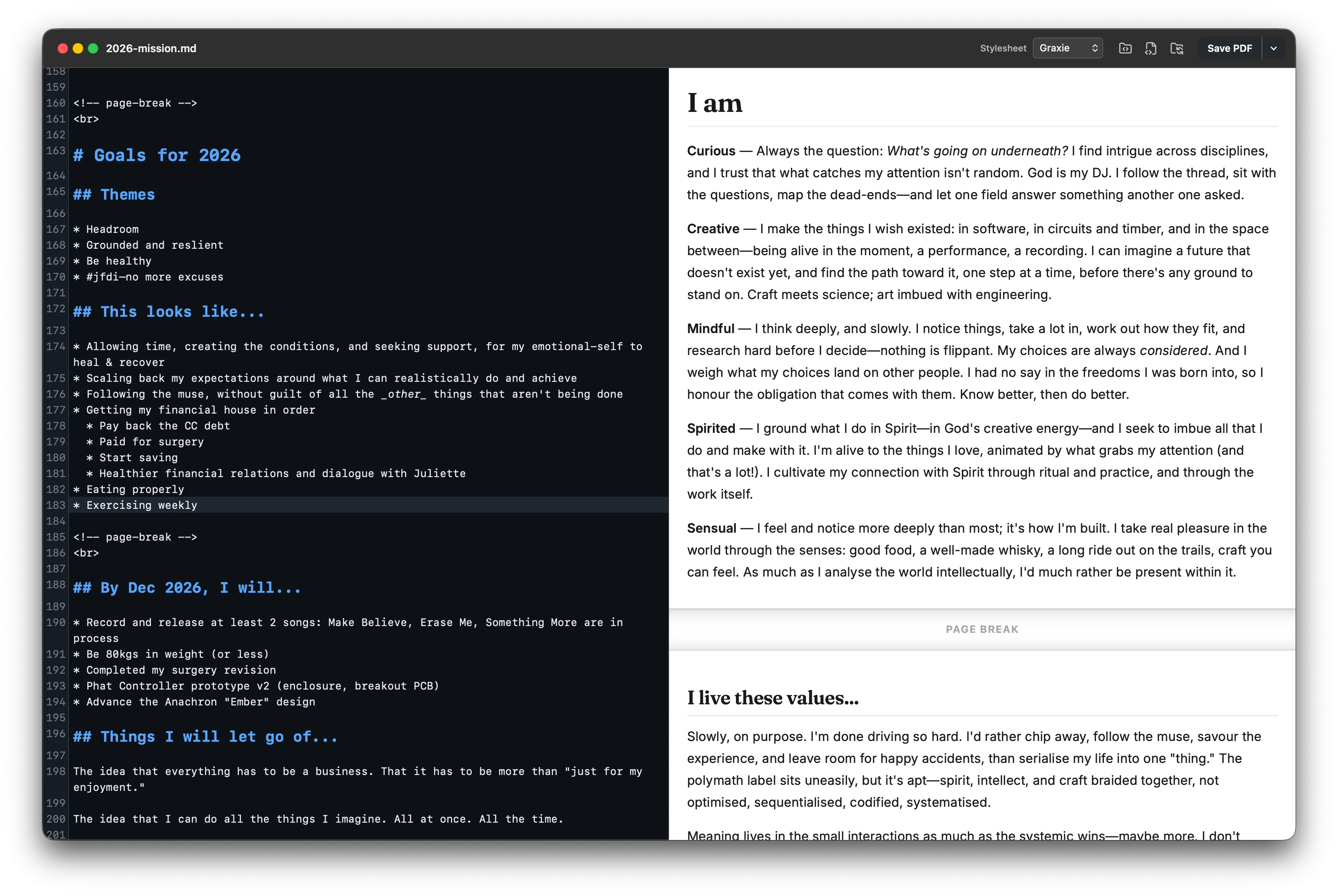 A two-pane app window with Markdown on one side and a preview on the other.