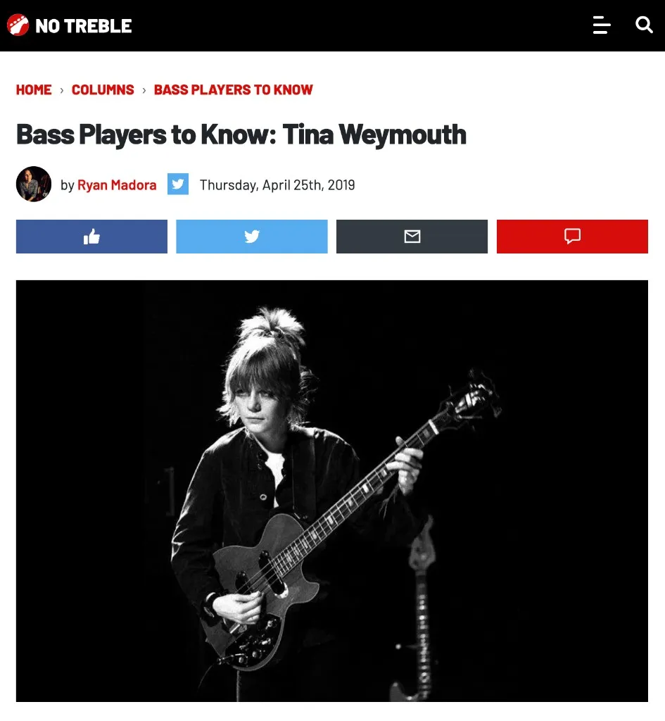 Tina Weymouth playing bass—No Treble feature on Bass Players to Know