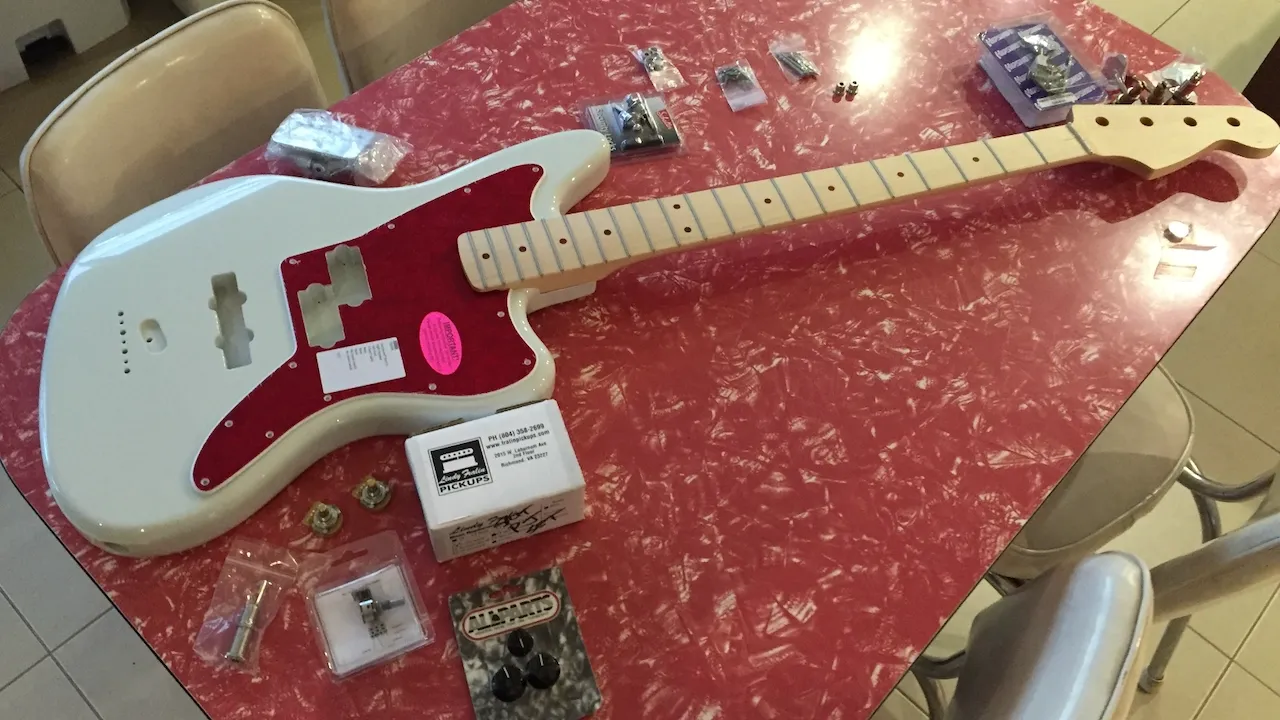 A custom Warmoth bass guitar in parts